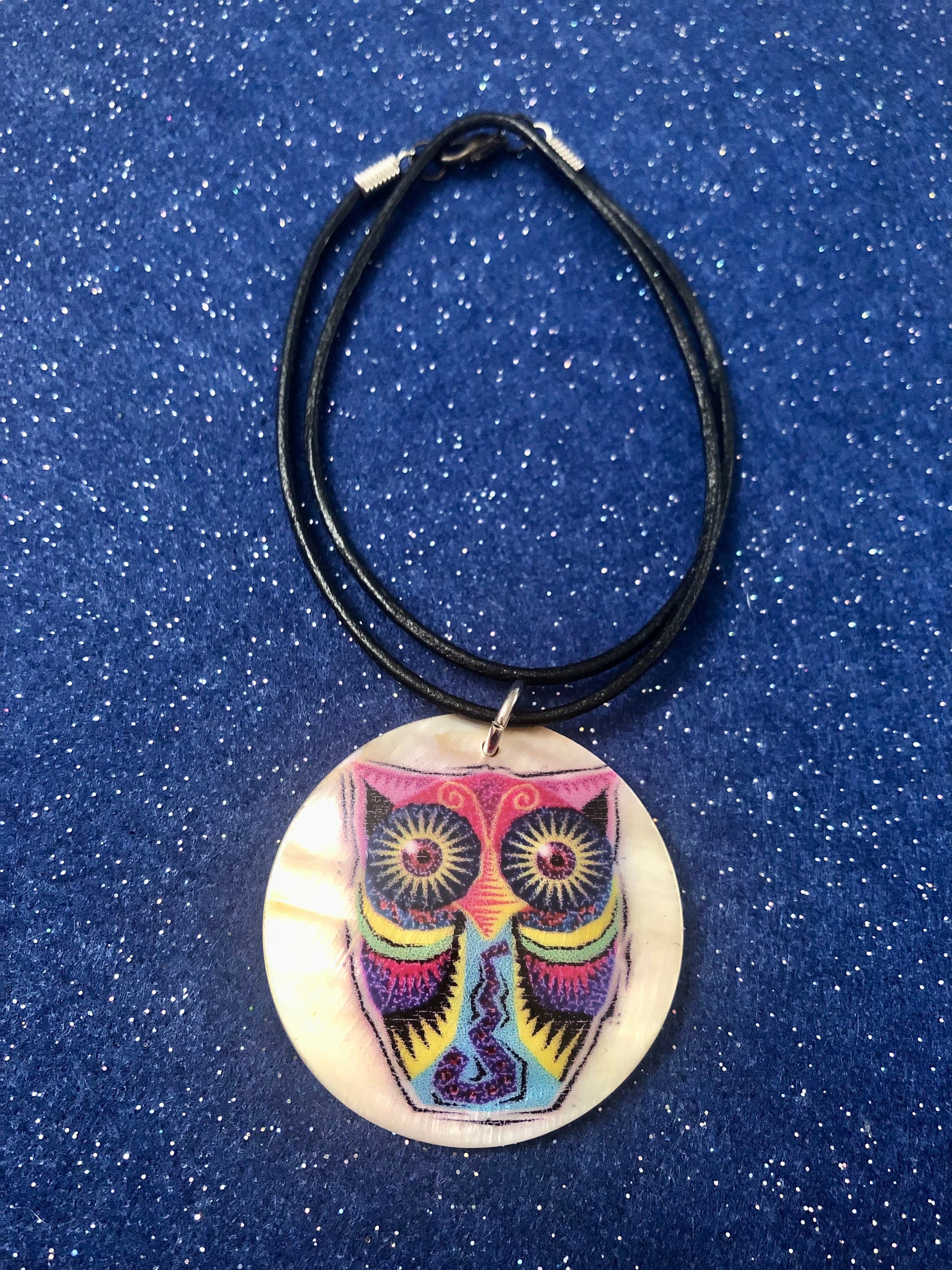 Colorful Shell Owl Necklace: Black Leather Cord Jewelry