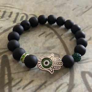 Hamsa hand bracelet, matte Black beaded bracelet, Hamsa bracelets, gifts for her, spiritual, hamsa hand  jewelry