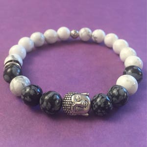 Buddha bracelet, Black snowflake Obsidian and white Howlite stone beaded bracelet, lucky Buddha, spiritual jewelry, wealth, gifts, men&#39;s
