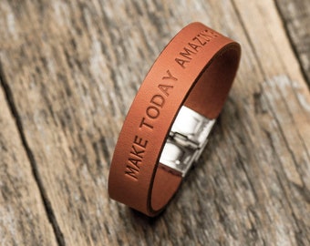 any word Red Italian leather personalized bracelet vegetable tanned emboss your name GPS coordinates 