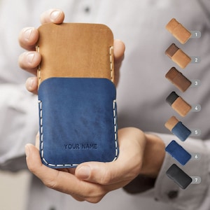 Capa de couro feita à mão para iPhone, bolsa com bolso para cartão, tamanho personalizado, personalização gratuita