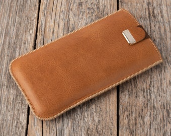 Brown Italian Leather Case for iPhone, Magnetic Pull Band Sleeve, Free Personalisation