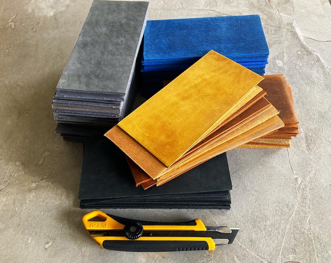 Pack 10 Pre Cut Leather Panels, Sheets, Scraps. Each Piece is 7,6 x 15,5 cm.  2 Needles for hand sewing.  Threads for Sewing leather.