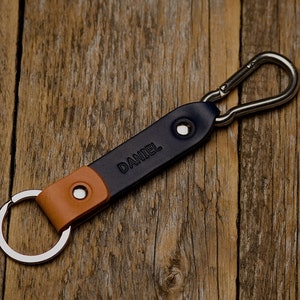 Personalised gift, Blue and Orange Leather Key Fob, Custom Text, Key Chain