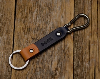 Personalised gift, Blue and Orange Leather Key Fob, Custom Text, Key Chain