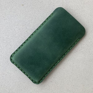 Leather Case for iPhone, Professionally Hand Stitched Cover, Free Personalisation, Custom Size Sleeve 8. Green