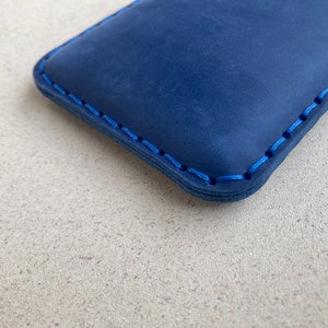 Leather Case for iPhone, Professionally Hand Stitched Cover, Free Personalisation, Custom Size Sleeve 7. Blue