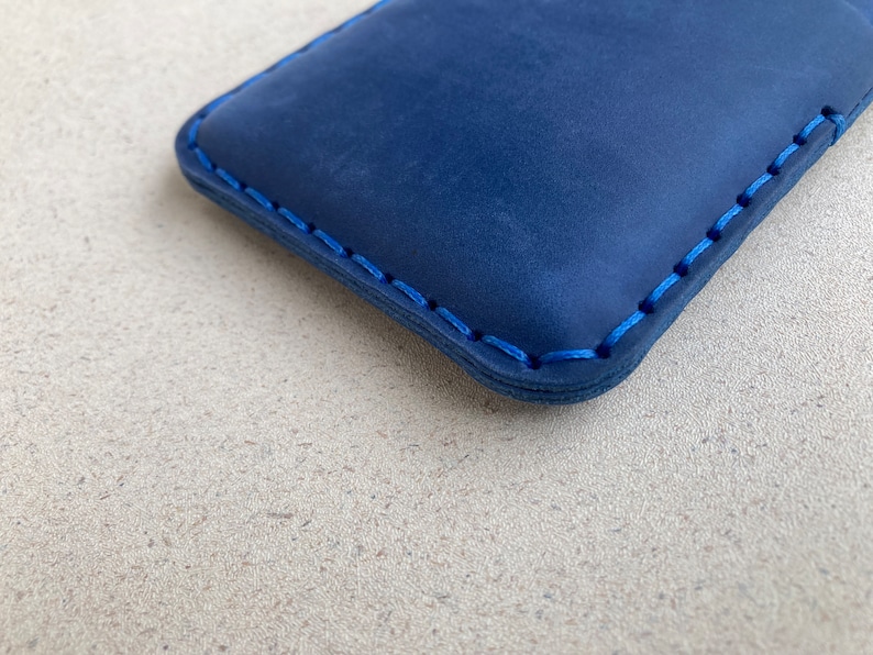 Leather Case for iPhone, Professionally Hand Stitched Cover, Free Personalisation, Custom Size Sleeve 7. Blue