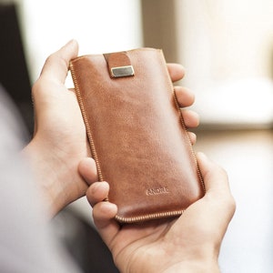 Brown Leather Case for iPhone, Magnetic Pull Band Sleeve, Free Personalisation