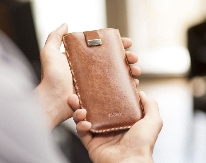 Brown Leather Case for iPhone, Magnetic Pull Band Sleeve, Free Personalisation