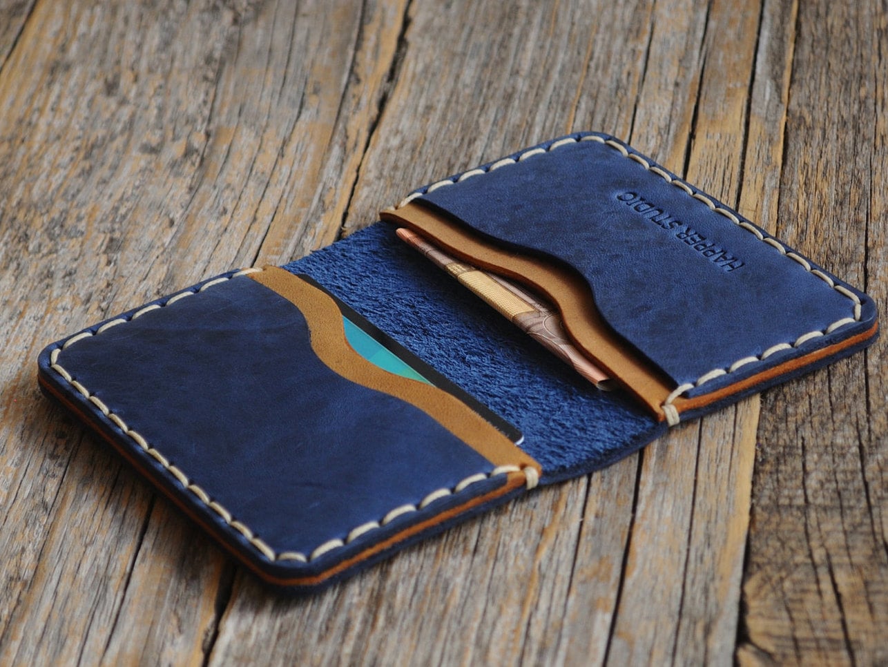  PERSONALIZED Leather Wallet. Tan Brown and Blue Credit Card,  Cash or ID Holder. Rustic Style Unisex Pouch. Monogram your Name or  Initials : Handmade Products