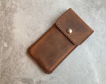 Case for Samsung Galaxy, Brown Leather Sleeve, Fastened Pouch, Custom Size. Free Personalization