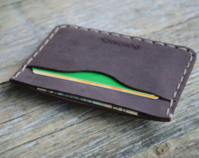 SALE! Brown Leather Wallet, PERSONALIZED Credit Card or Cash Holder, Handmade and Hand Sewn Unisex Pouch