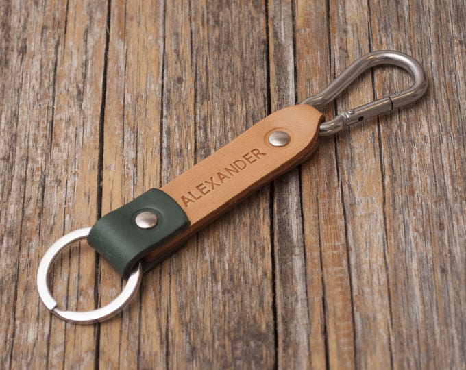 Tan Brown and Green Leather Key Chain, Stainless Steel Carabiner Hook, Fob Holder, FREE Personalization