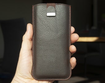 Dark Brown Leather Case for Fairphone, Sleeve with Magnetic Pull Band