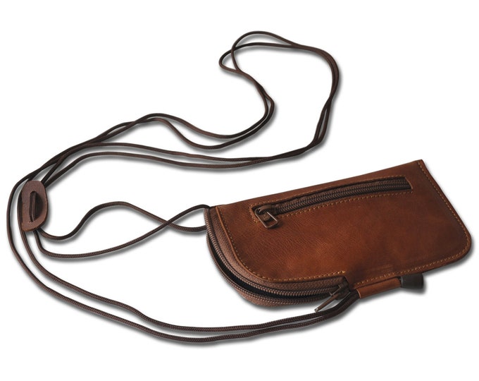 Leather Crossbody Bag for iPhone,  Mini Messenger Bag, Organizer with Zippers and Pockets. Case Purse with Neck Strap