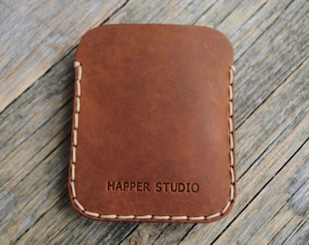 Personalised Brown Leather Wallet. Unisex Slim Pouch. Hand Sewn Small Credit Card ID Holder.
