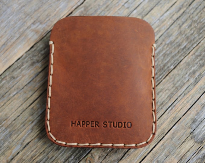 Personalised Brown Leather Wallet. Unisex Slim Pouch. Hand Sewn Small Credit Card ID Holder.