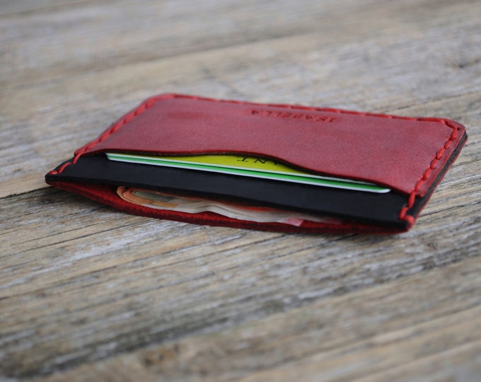 SALE! Pinkish Red and Black Leather Wallet, Credit Card Cash and ID Holder, Simple Unisex Pouch, PERSONALIZED