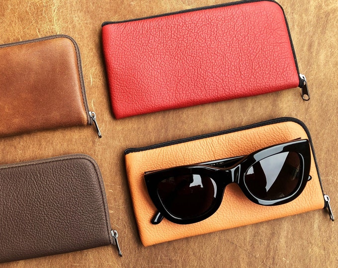 Red, Orange, Brown Leather Eyeglasses Pouch. Sunglasses Case. Zip Closure Purse.