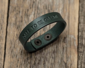 Italian green leather personalized bracelet, vegetable tanned, engraved phrase, initials or word, custom text or name