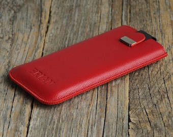 Red Leather Case for Samsung Galaxy, Pouch with Magnetic Pull Band, FREE Personalisation