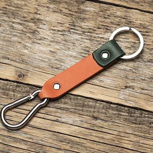 Green and Burnt Orange Leather Key Chain, Stainless Steel Carabiner Clip, Fob Holder