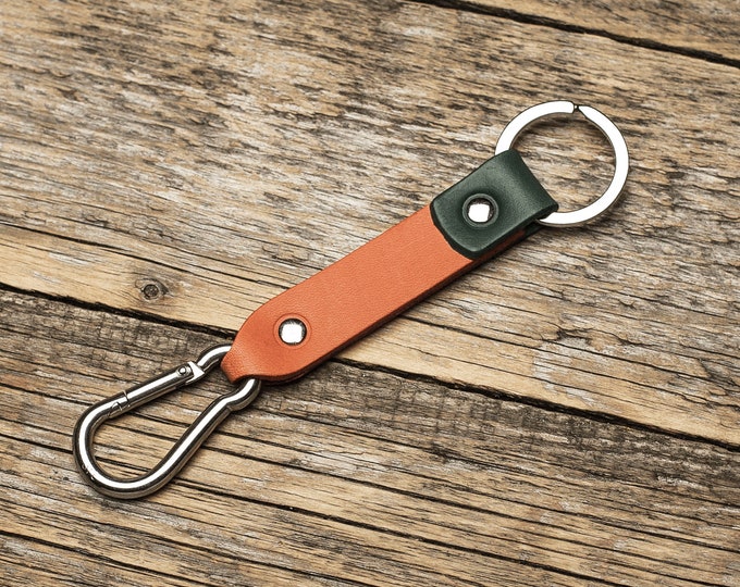 Green and Burnt Orange Leather Key Chain, Stainless Steel Carabiner Clip, Fob Holder