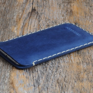 Leather Case for iPhone, Professionally Hand Stitched Cover, Free Personalisation, Custom Size Sleeve 3.Blue