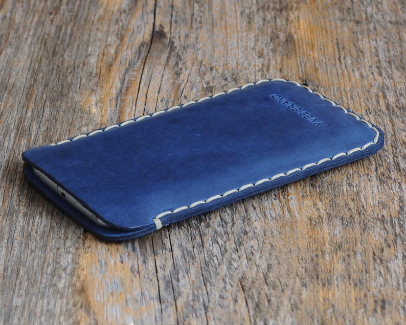 Leather Case for iPhone, Professionally Hand Stitched Cover, Free Personalisation, Custom Size Sleeve 3.Blue