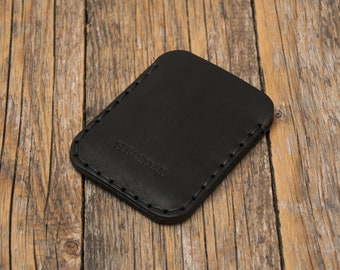 Black Leather Slim Wallet, Unisex Pouch, Credit Card Cash or ID Holder, Handmade and Hand Sewn Item, PERSONALIZED