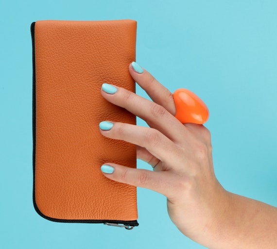 Orange Italian Leather Case for Fairphone. Organizer Purse Zip