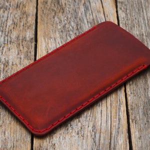 Leather Case for iPhone, Professionally Hand Stitched Cover, Free Personalisation, Custom Size Sleeve 6. Red