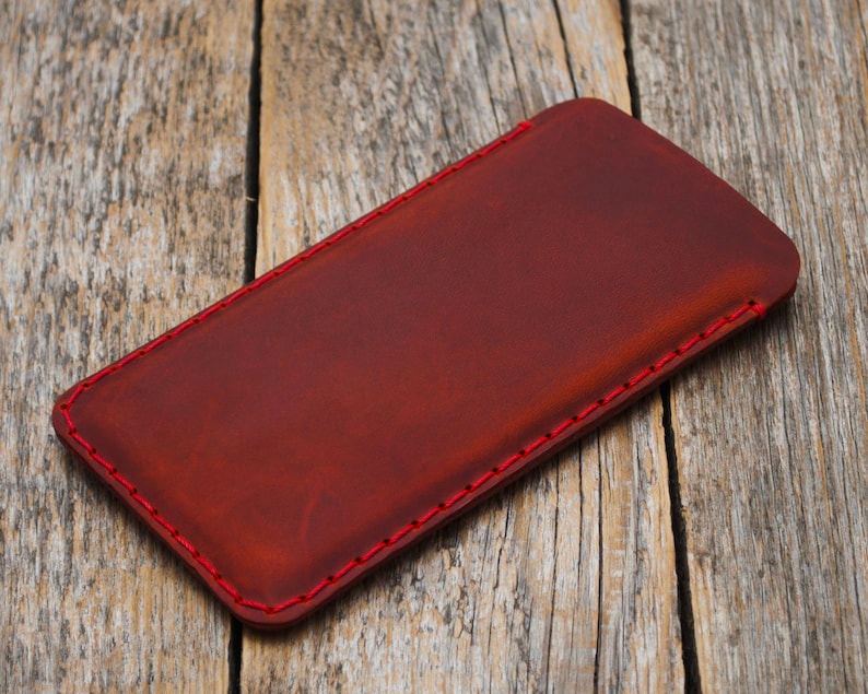 Leather Case for iPhone, Professionally Hand Stitched Cover, Free Personalisation, Custom Size Sleeve 6. Red