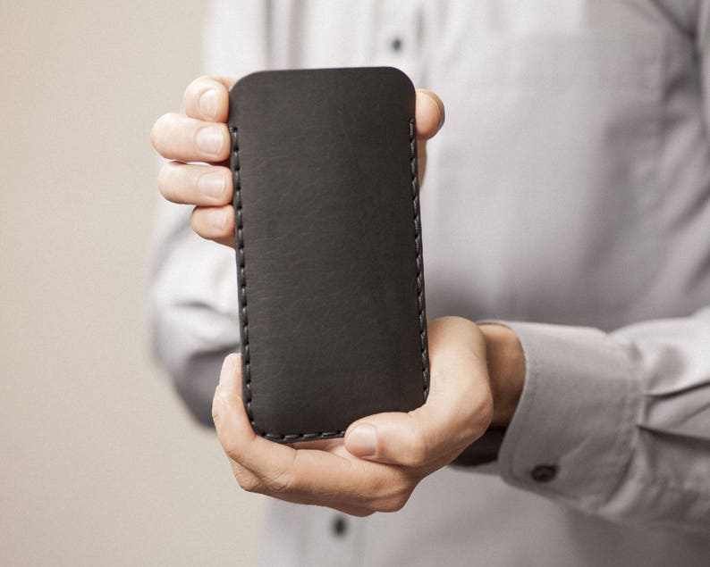 Leather Case for iPhone, Professionally Hand Stitched Cover, Free Personalisation, Custom Size Sleeve 5. Black