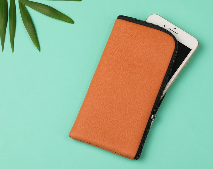 Soft Orange Leather Case for Motorola, Lined Pouch Zip Closure