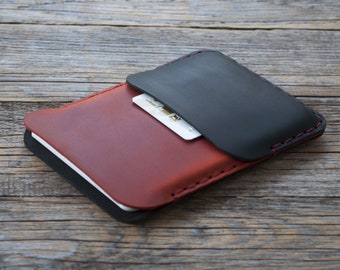 Leather Sleeve for Microsoft Surface Duo 2 / Duo, Black and Red Leather Case, Personalised Pouch with Card Pocket