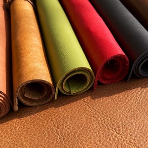 May include: Close-up of seven rolled leather strips in various colours, including brown, tan, green, red, black, and dark brown. The leather is arranged in a row, with the ends of the strips overlapping.