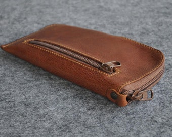 Leather Case for iPhone 13 12 mini SE, Sleeve with Zipper and Pocket, Organizer Pencil Pouch