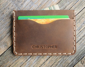 PERSONALIZED Credit Card, Brown Leather Wallet, Cash and Banknote Holder, Rustic Style Pouch