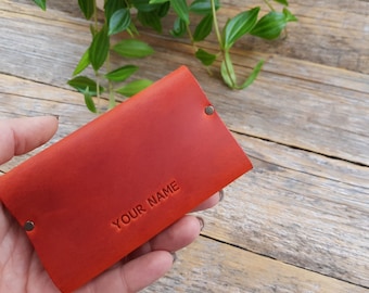 Red Leather Rivets Wallet Credit Card Holder Pockets for Cash or ID Urban Style Unisex Pouch. Monogram your name or Word. Personalized Gift.