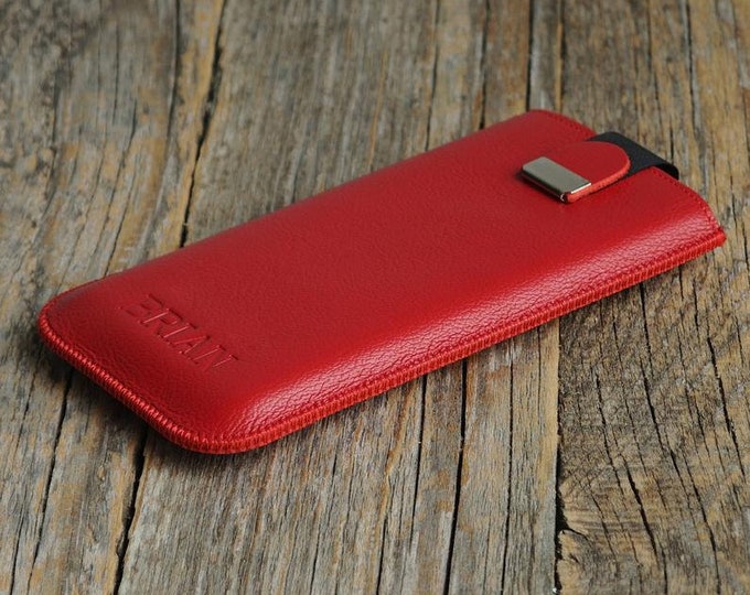 Red Italian Leather Case for OnePlus, Pouch with Magnetic Pull Band, FREE Personalization