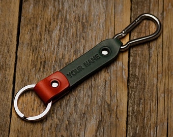 Green and Red Leather Key Fob, Custom Text Initials, Monogrammed Key Chain, Free Personalised Fob Holder