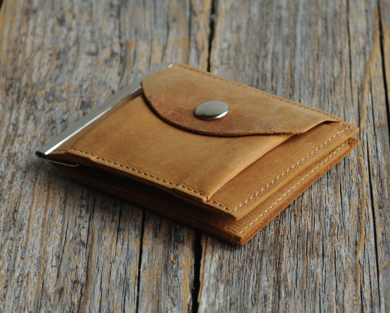 Bi-fold leather wallet, tan brown thin credit card cash holder