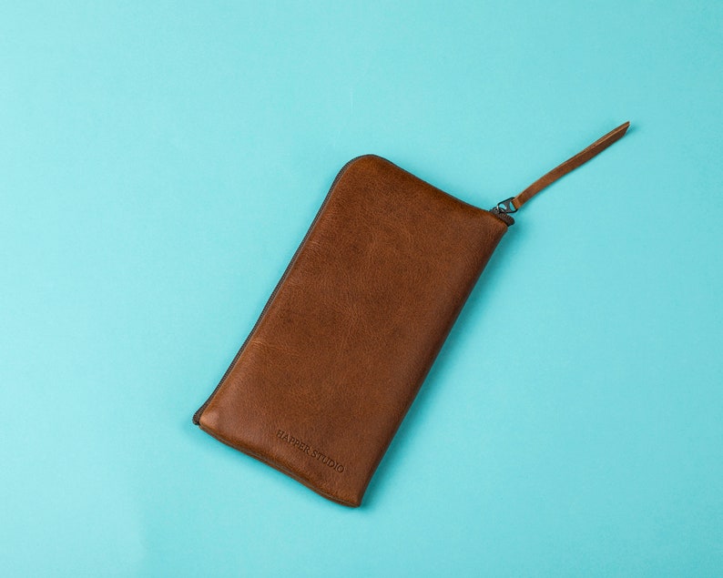 Brown Italian Leather Case for iPhone Free Personalisation Wallet with Zipper