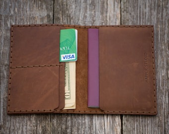 Cartera para pasaporte de piel marrón oscuro, tarjetero, funda para documentos de viaje, monograma con las iniciales de su nombre