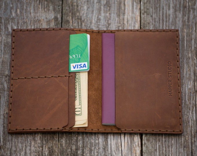 Dark Brown Leather Passport Wallet, Cards Holder, Travel Documents Cover, Monograme Your Name Initials