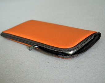 Orange Italian Leather Case for Sony Xperia, Soft Lined Pouch with Zipper, Cover Sleeve Wallet
