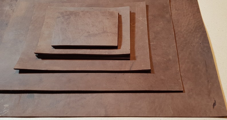 Crazy Horse Leather Pieces. Sheets for Crafts and Hobby, Pre Cut DIY Panels. 2mm / 5 oz thick. Scratched and rubbed areas. 2. Brown w/ markings