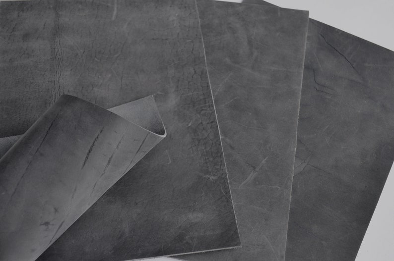 Crazy Horse Leather Pieces. Sheets for Crafts and Hobby, Pre Cut DIY Panels. 2mm / 5 oz thick. Scratched and rubbed areas. 8. Grey